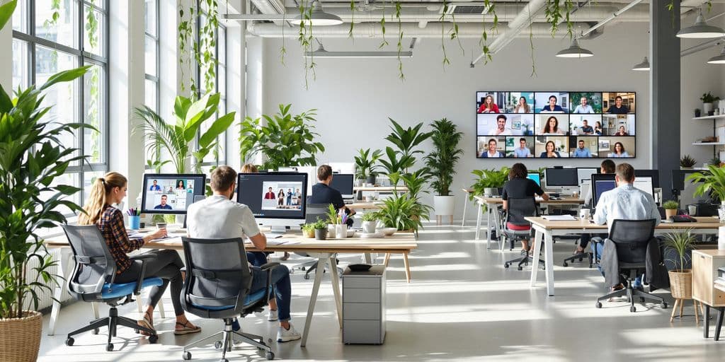 Flexible workplace with people collaborating in modern office.